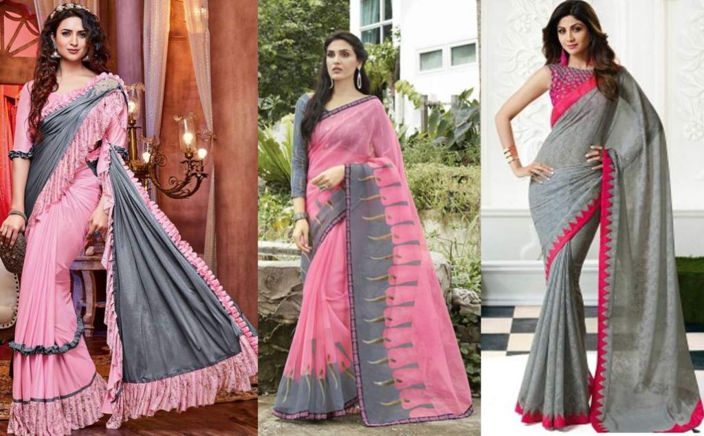 Saree with Pink and Grey Combination