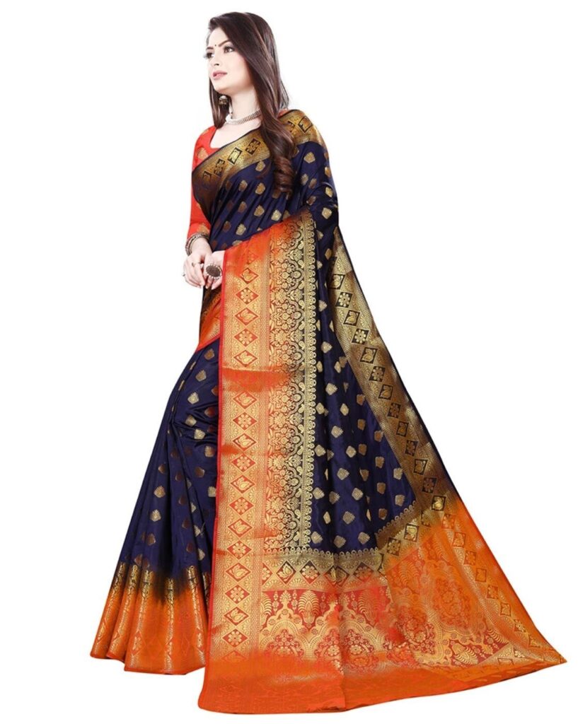 नीले और संतरी रंग की कांजीवरम सिल्क साड़ी