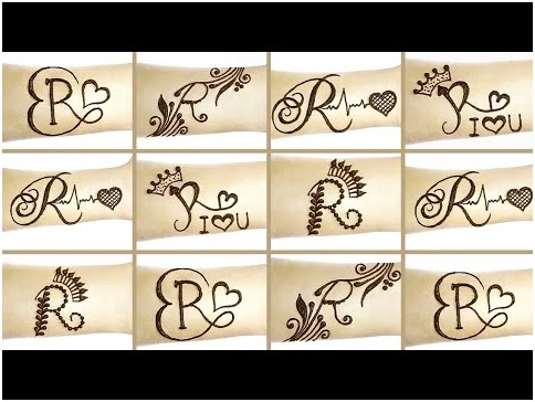 R लेटर से बना दिल वाला मेहंदी डिजाइन