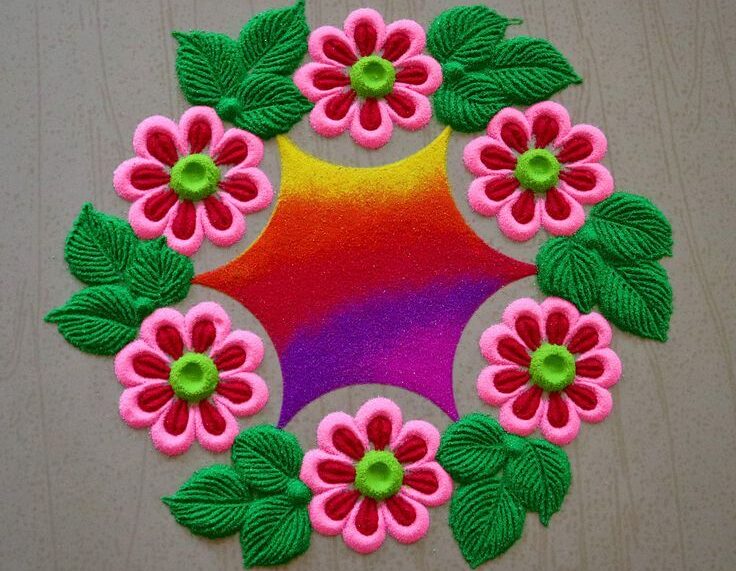 Colorful Patterns and Pink Flowers Rangoli
