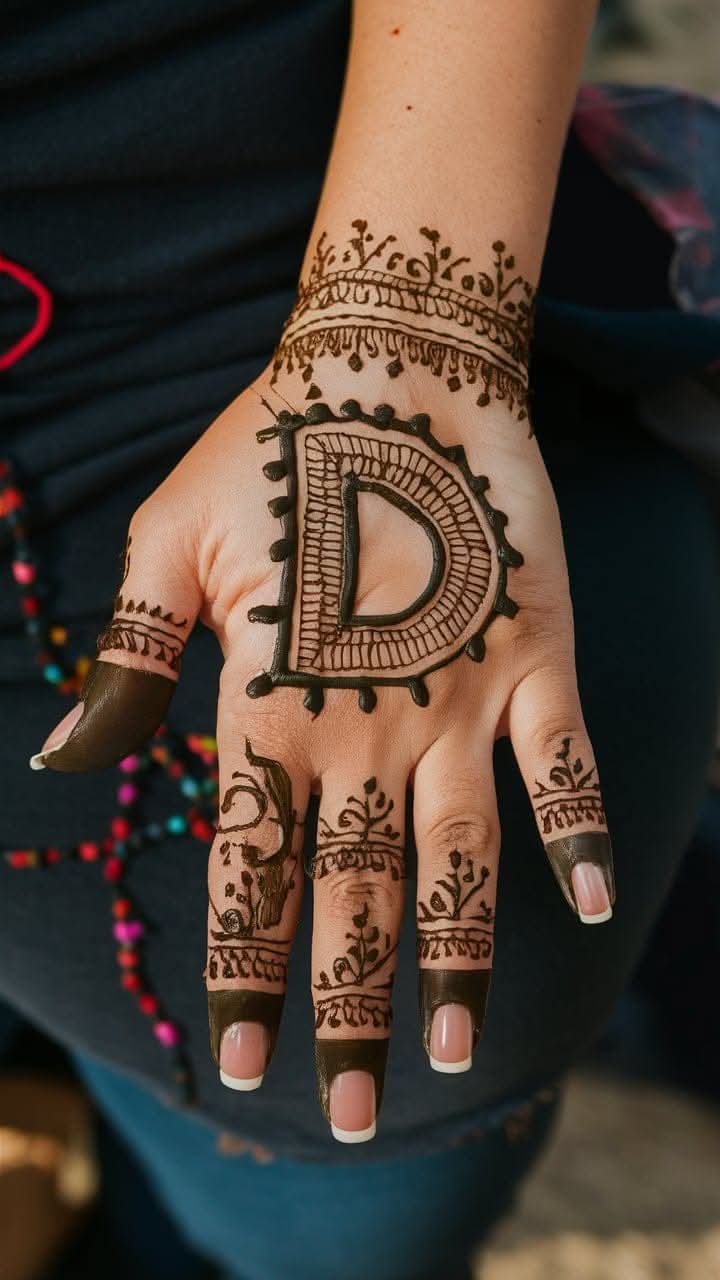 D Letter Mehndi Design for Back Hand