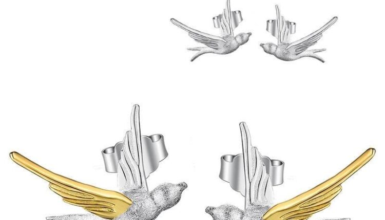 Swallow ear studs, 3D birds, brushed and 18k gold plated, 3 colors