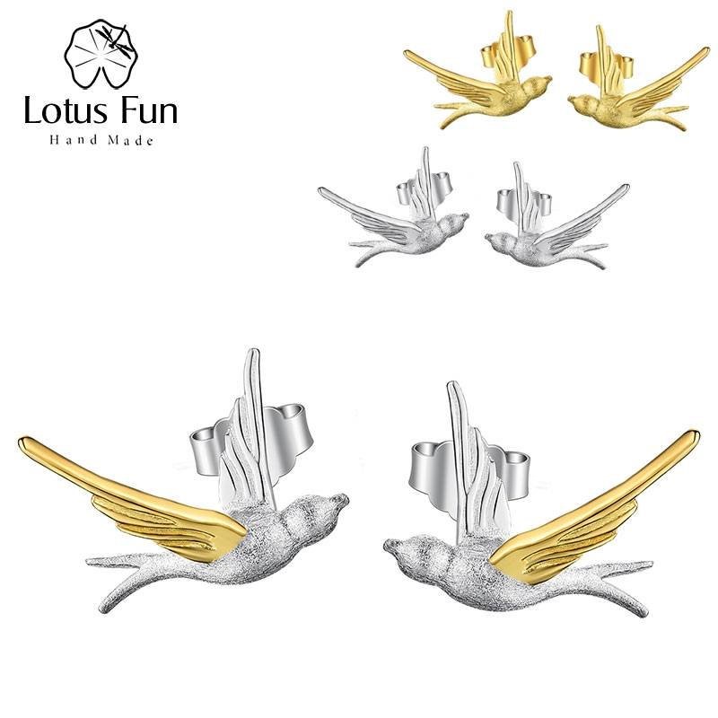 Swallow ear studs, 3D birds, brushed and 18k gold plated, 3 colors
