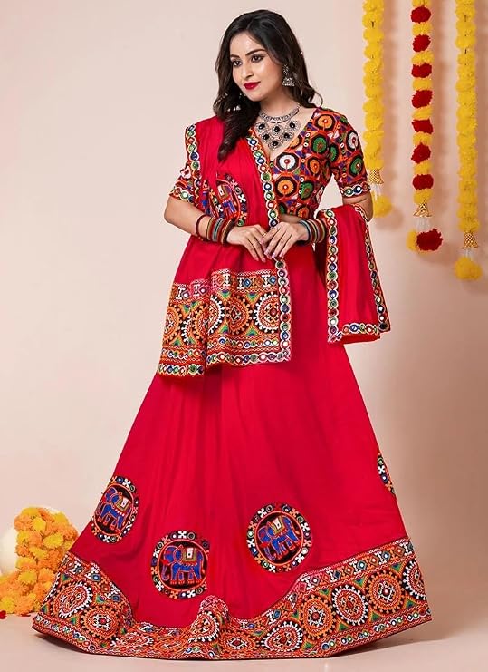 Red Chaniya Choli with colourful mirror work